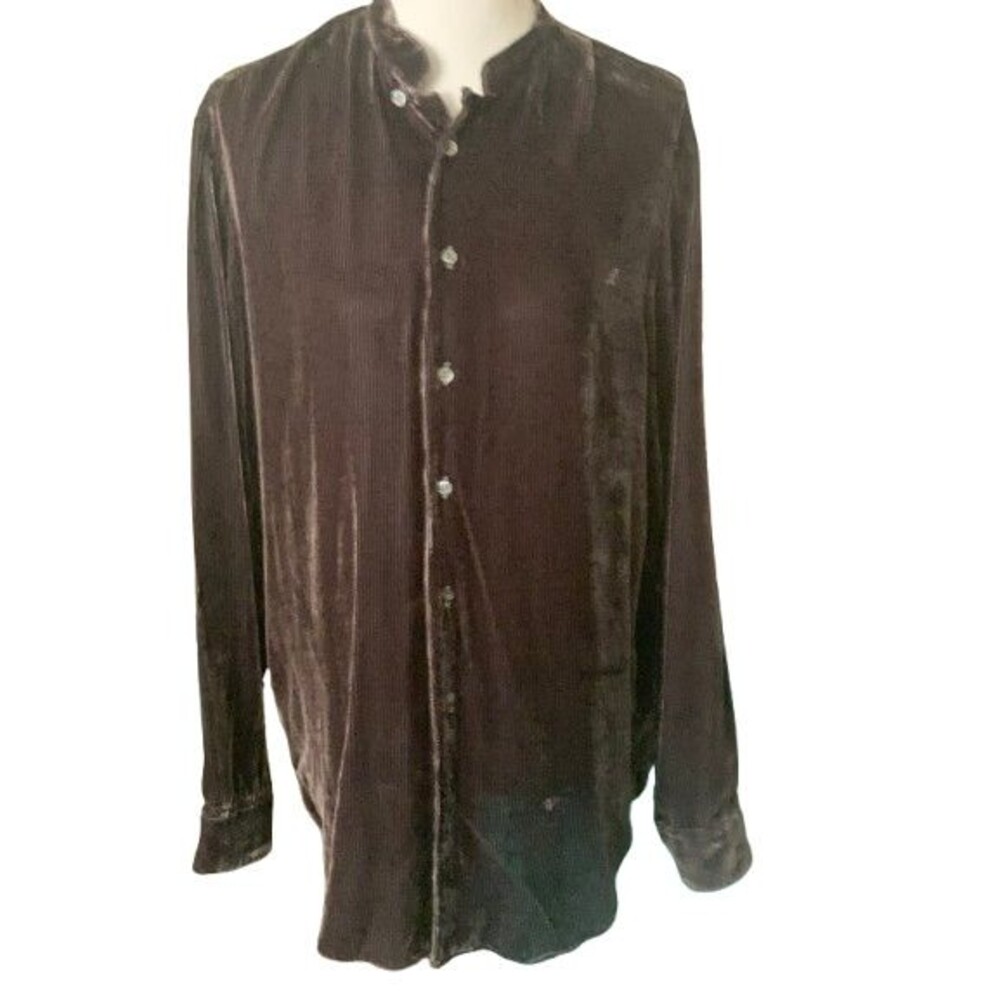 New Vintage Armani Collezioni Brown Ribbed Velvet Mandarin Collar Shirt Size M